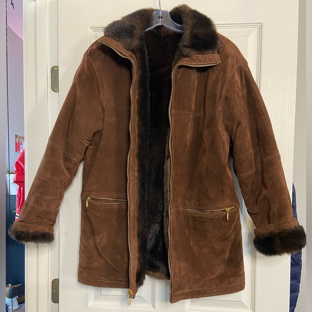 YBS Vintage Genuine Suede Leather Heavy Faux Fur Coat, Reversible, Women’s Sz L